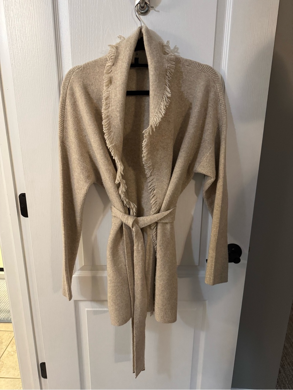 White House Black Market Cream Fringed Shawl Collar Belted Cardigan